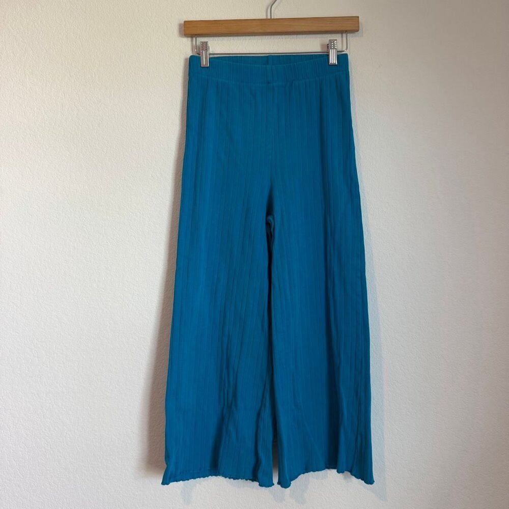 WRAY NYC Blue Ribbed Knit Stretch Pull-On Wide Leg Pants Women's Size Small